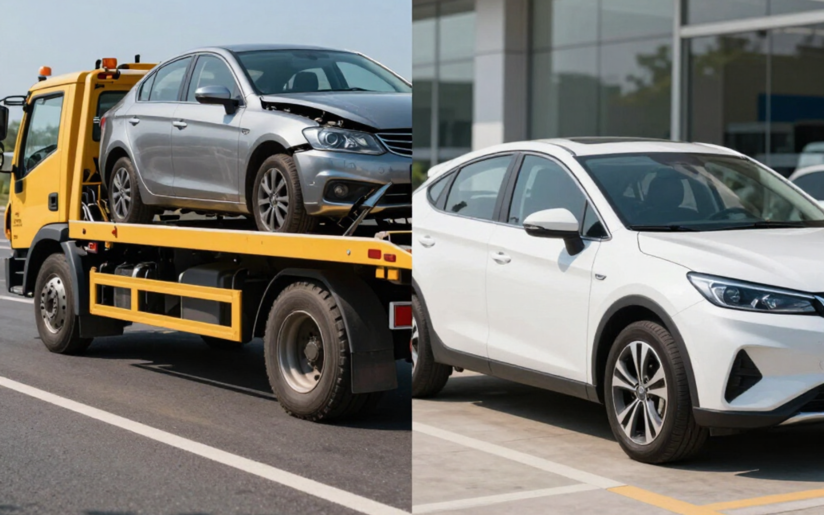 Tow truck carrying two cars on a city street, one silver and one white