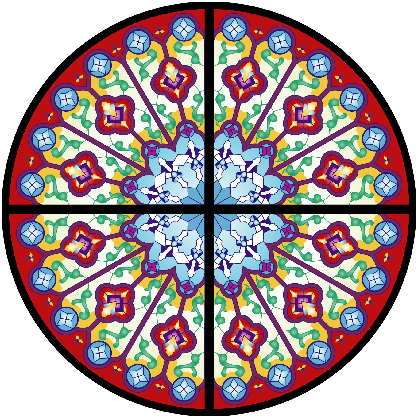 Colorful circular mandala with blue, red, green, and yellow patterns divided into eight symmetrical sections