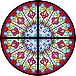 Colorful circular mandala with blue, red, green, and yellow patterns divided into eight symmetrical sections