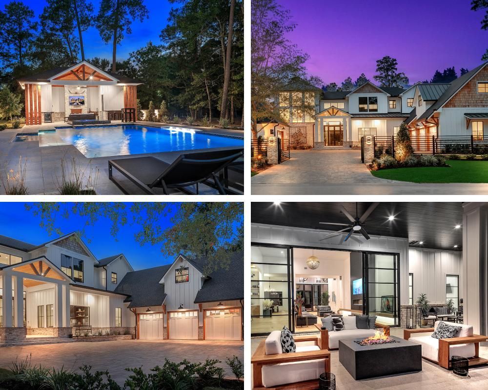 A collage of four pictures of a house with a pool