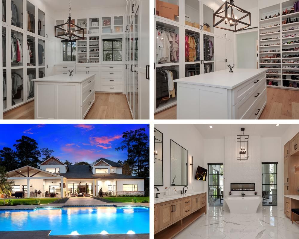 A collage of four pictures of a house with a swimming pool