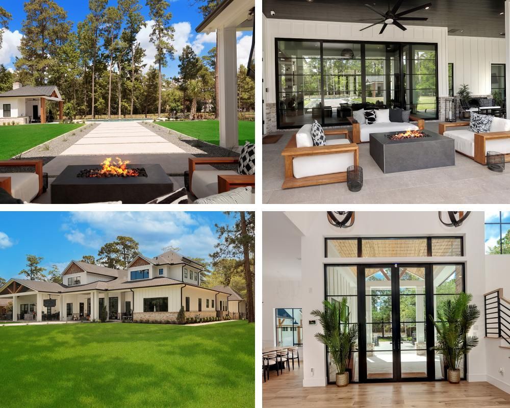 A collage of four pictures of a house with a fire pit