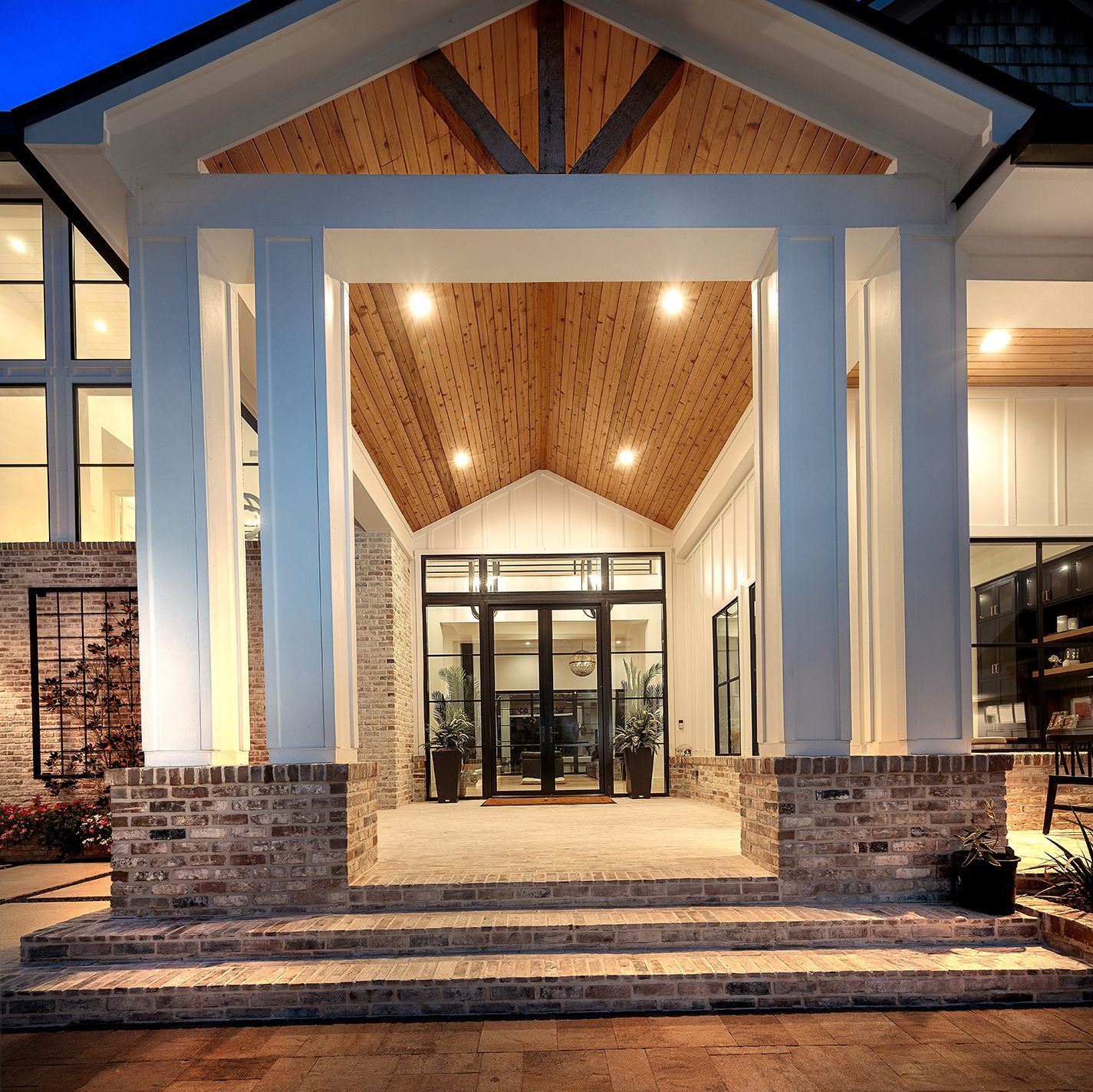 The front of a house with a wooden ceiling