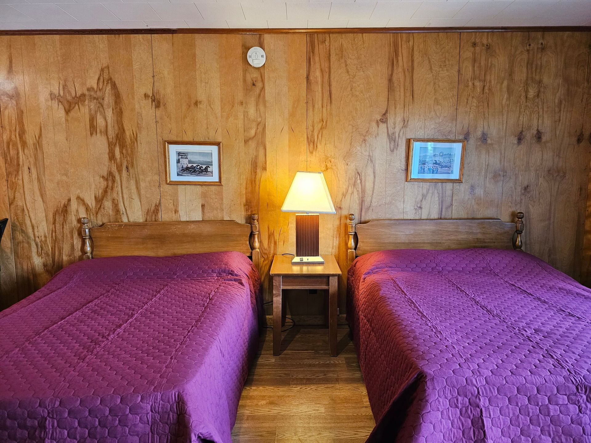 Two twin beds with purple covers in a wood-paneled room, separated by a lit bedside lamp.