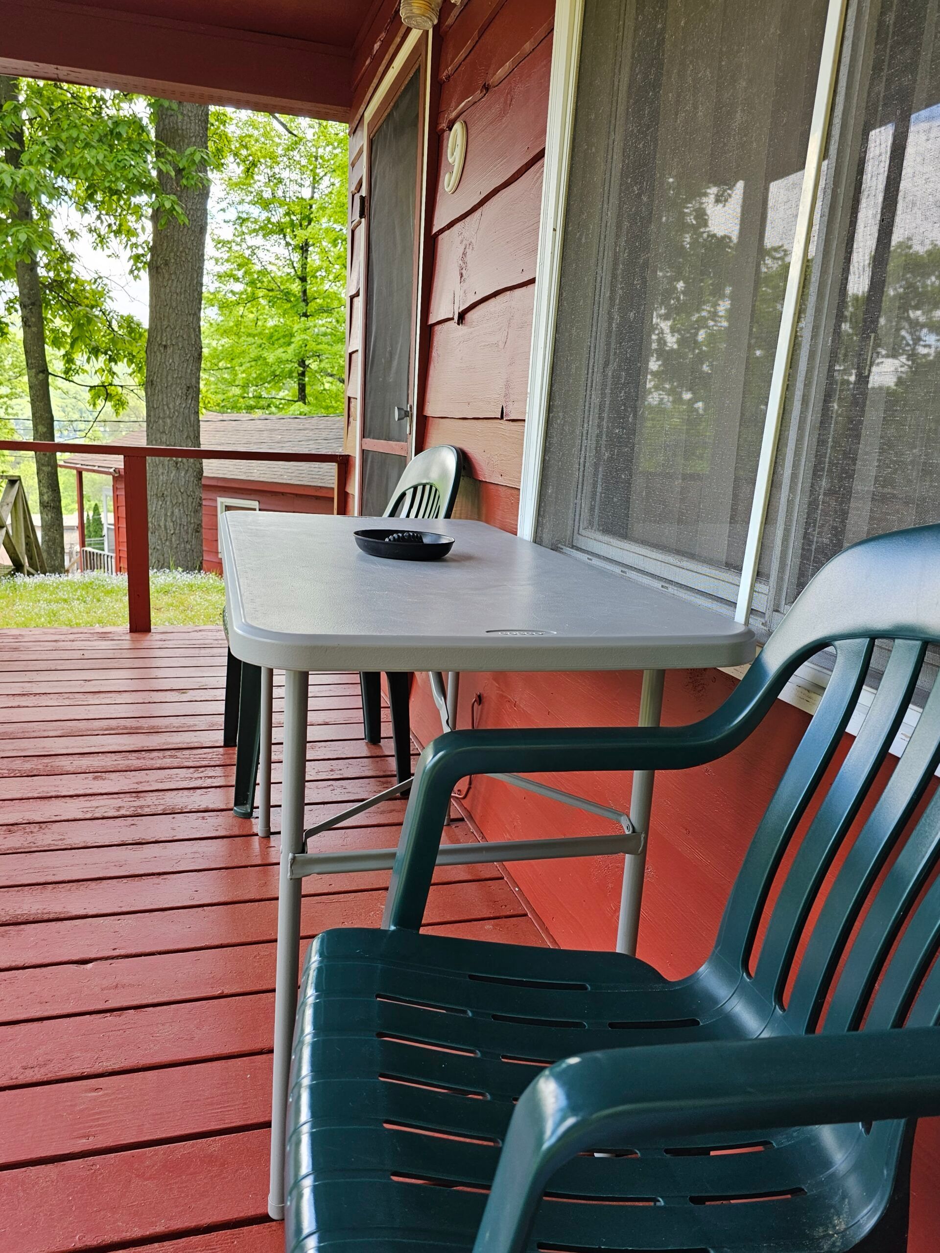 Red porch with table, black chair, and screened window beside a wooded yard