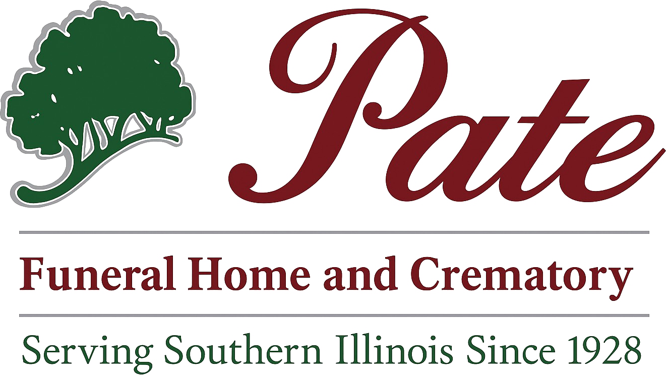 Logo for Pate Funeral Home and Crematory featuring a dark green tree icon and text, serving Southern Illinois since 1928.