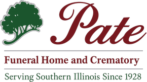 Logo for Pate Funeral Home and Crematory featuring a dark green tree icon and text, serving Southern Illinois since 1928.
