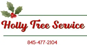 Holly Tree Service logo with holly leaves and red berries, red script text, and phone number 845-477-2104