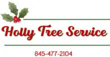 Holly Tree Service logo with holly leaves and red berries, red script text, and phone number 845-477-2104