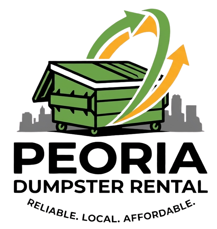 Peoria Dumpster Rental logo with green dumpster, circular arrows, skyline, and tagline “Reliable. Local. Affordable.”