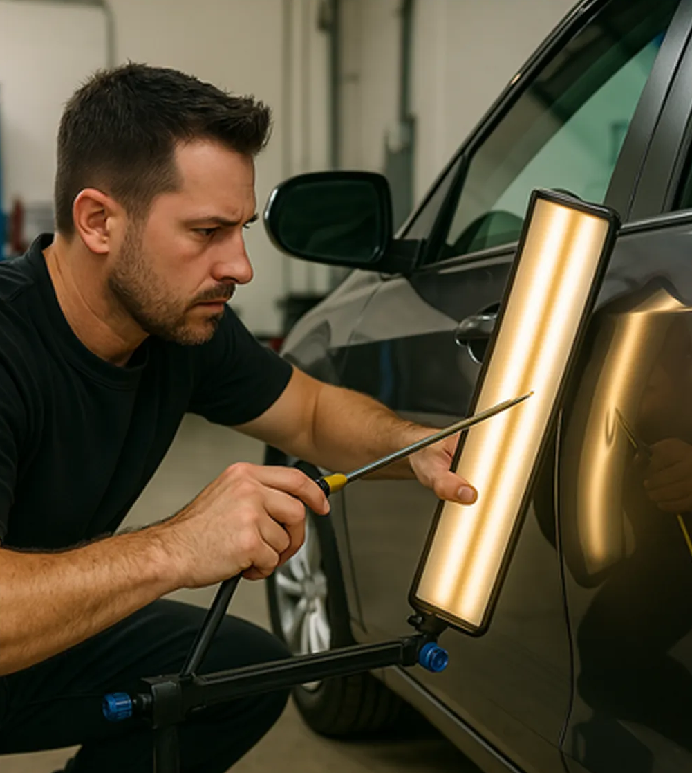 Mechanic inspecting a car door with a light and screwdriver in a workshop