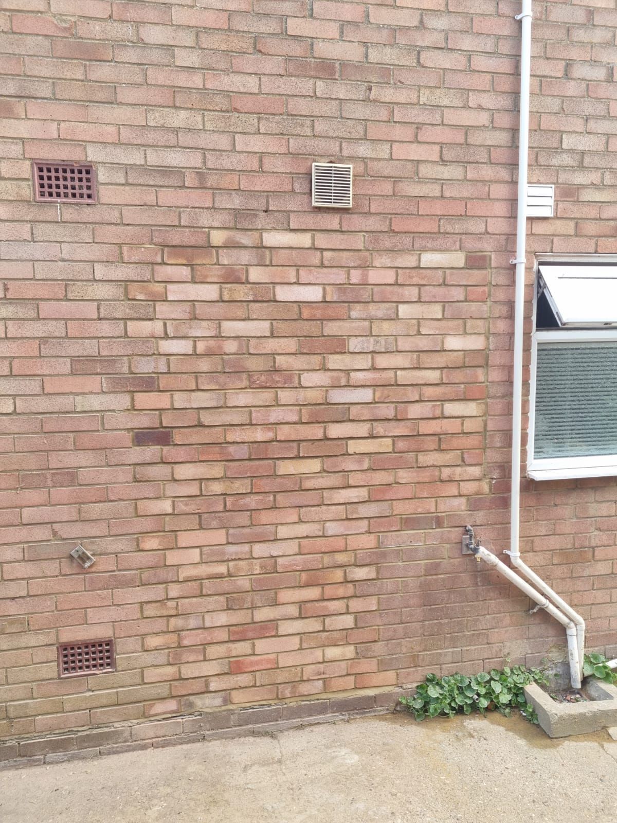 Repaired Brick wall with vents, a downspout, and a window.