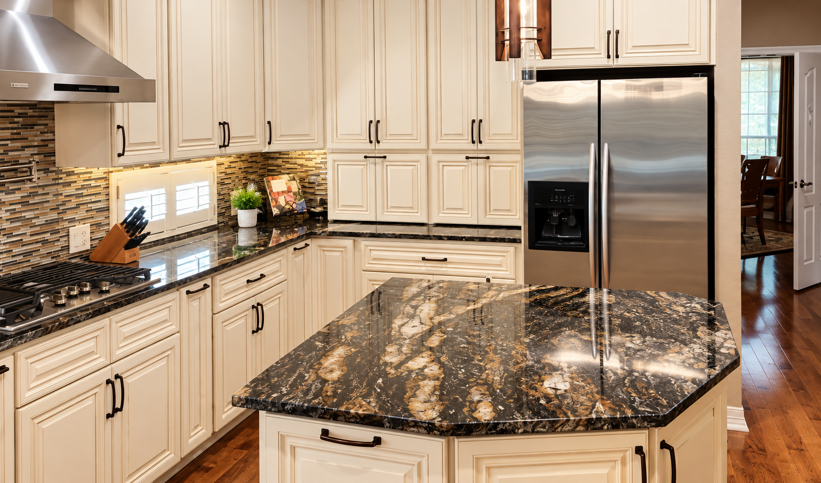 Modern kitchen with white cabinets, dark granite island, stainless steel fridge, and marble backsplash