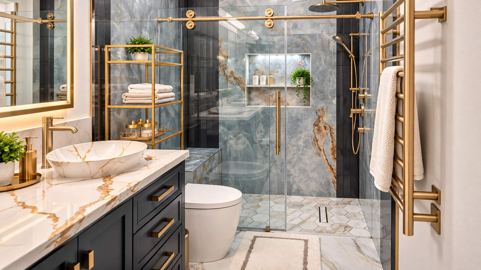 Luxurious bathroom with gold fixtures, marble vanity, glass shower, and gray tile walls