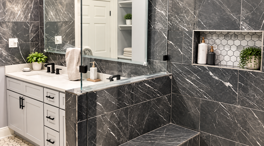 Modern bathroom with dark marble tile, white vanity, and walk-in shower niche with shelves and toiletries