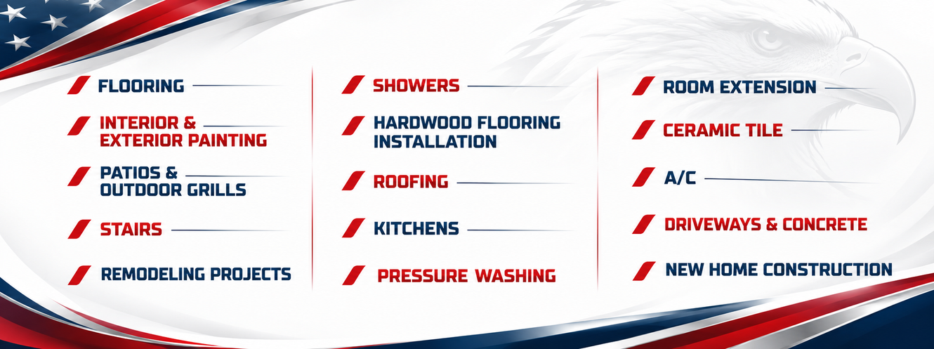 Multicolored services list with red checkmarks on a white and blue background.