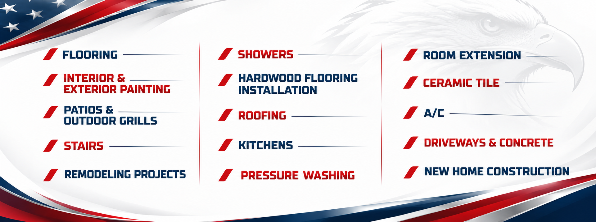 Multicolored services list with red checkmarks on a white and blue background.
