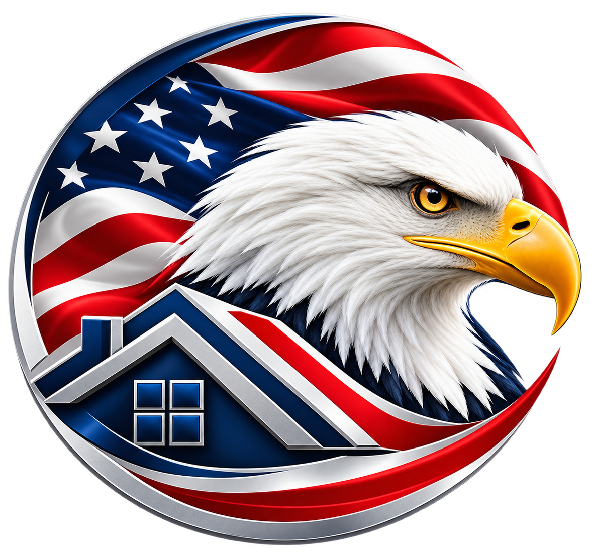 American flag-themed logo with a bald eagle and a house roof icon