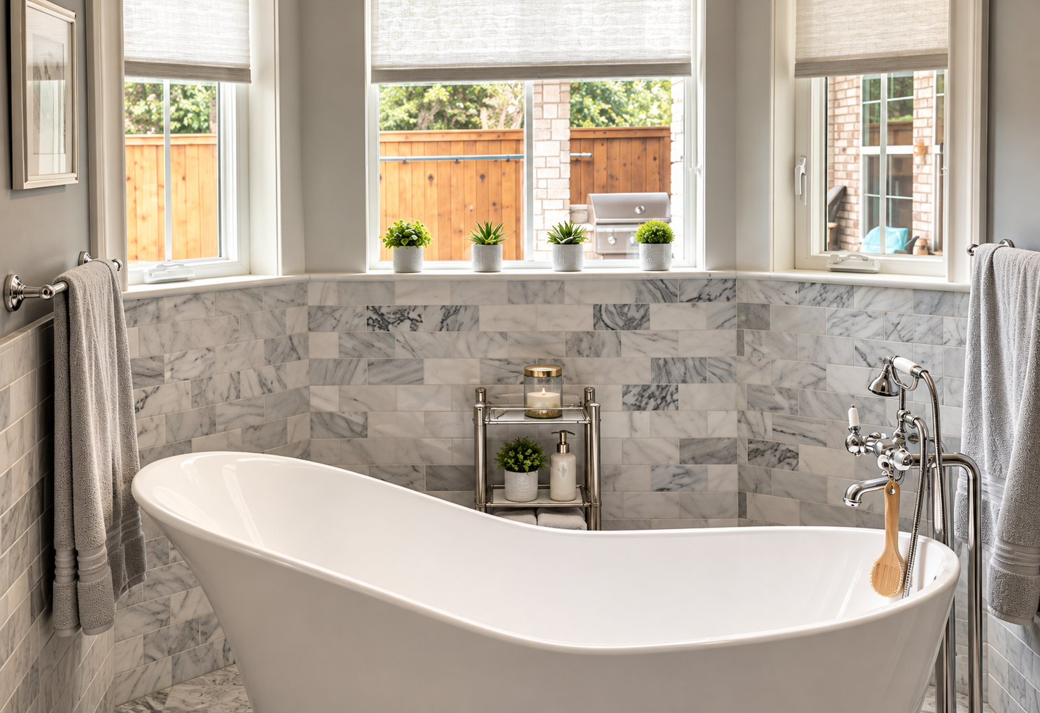 Elegant white freestanding bathtub in a bright marble bathroom with bay windows and neutral decor