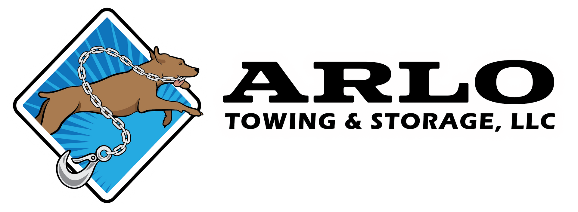 The logo for Arlo Towing and Storage LLC shows a dog running with a tow chain in it's mouth