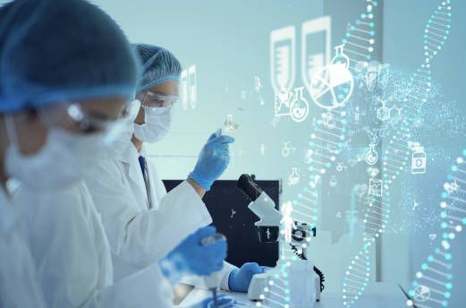 Scientists in lab coats and gloves working with samples near a microscope, with digital DNA illustration overlay.