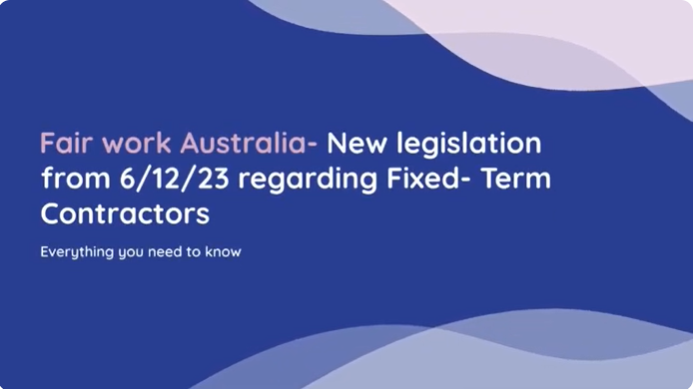 Title slide with dark blue background showing Fair Work Australia update on fixed-term contractor legislation
