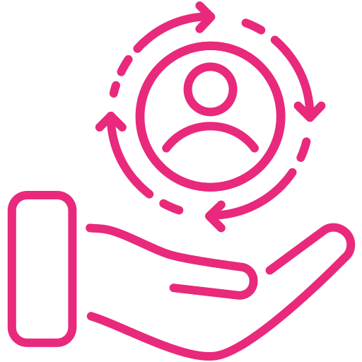 Pink hand cupping a person icon within a circle with arrows, suggesting customer support or ongoing engagement.