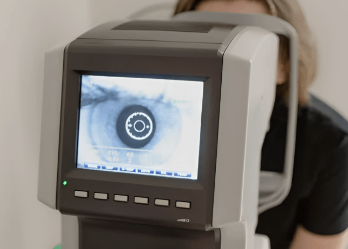 Woman’s eye examined by ophthalmic diagnostic machine showing eye interior with concentric circles on screen