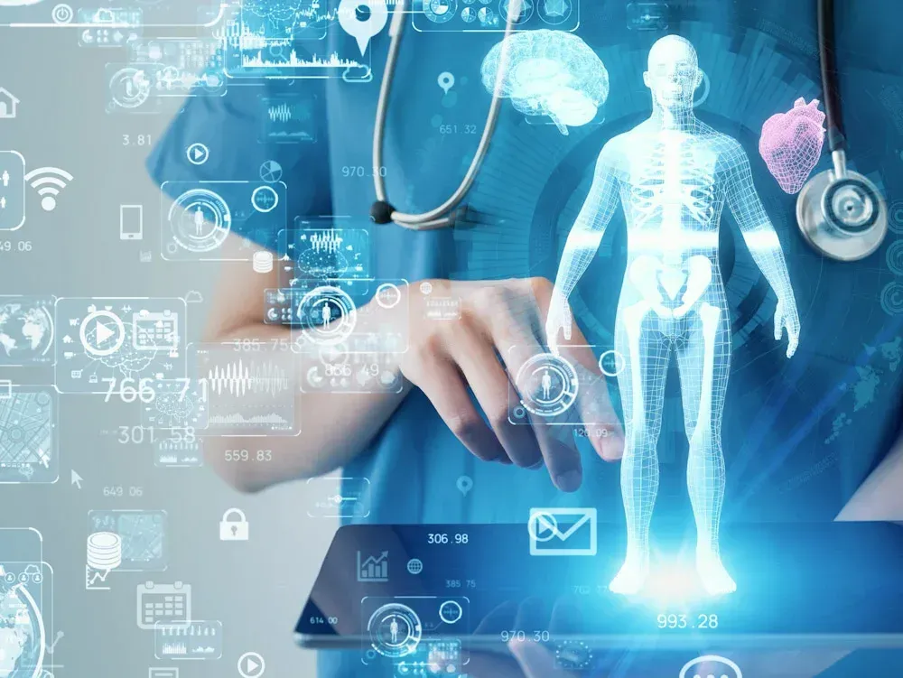 Doctor using a tablet, overlaid with a glowing anatomical human figure and medical icons.