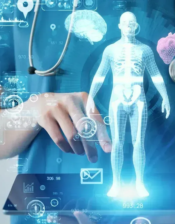 Doctor examining a digital, wireframe human body with glowing skeleton overlay on a tablet screen.