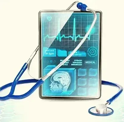 Blue stethoscope draped over a futuristic tablet displaying medical data and a brain scan.