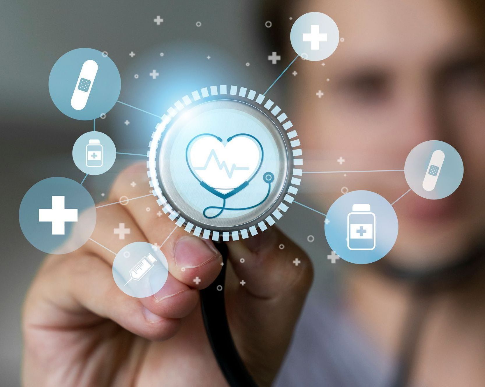 Doctor holding stethoscope with health icons, representing healthcare and medicine.