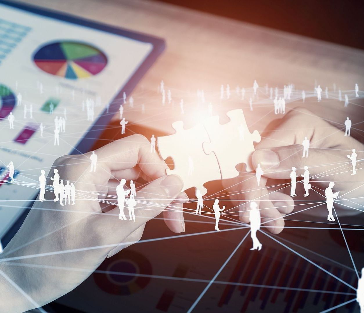 Hands connecting puzzle pieces, surrounded by network of people and data charts.