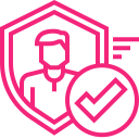 Pink icon: Person within a shield, a circle with a check mark, and text.