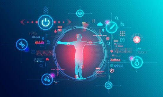 Human figure in a blue and red holographic circle, with medical icons around it, against a blue gradient background.