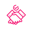 Pink outline of two hands shaking with a checkmark above them, symbolizing an agreement.