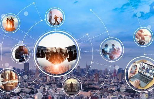 Network diagram: images of people, city background, connected by lines and circles.