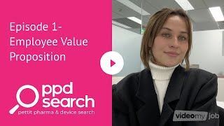 Episode 1 video: Woman in black blazer discusses employee value proposition. Pink background with title.