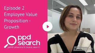 Woman in black and white sweater in corporate setting with PPD Search logo and text about Employee Value Proposition – Growth