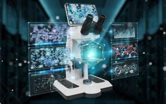 Microscope with digital displays showing biological data. Scientific setting with blue and white glows.