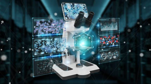 White microscope with digital displays showing scientific data; blue tones.