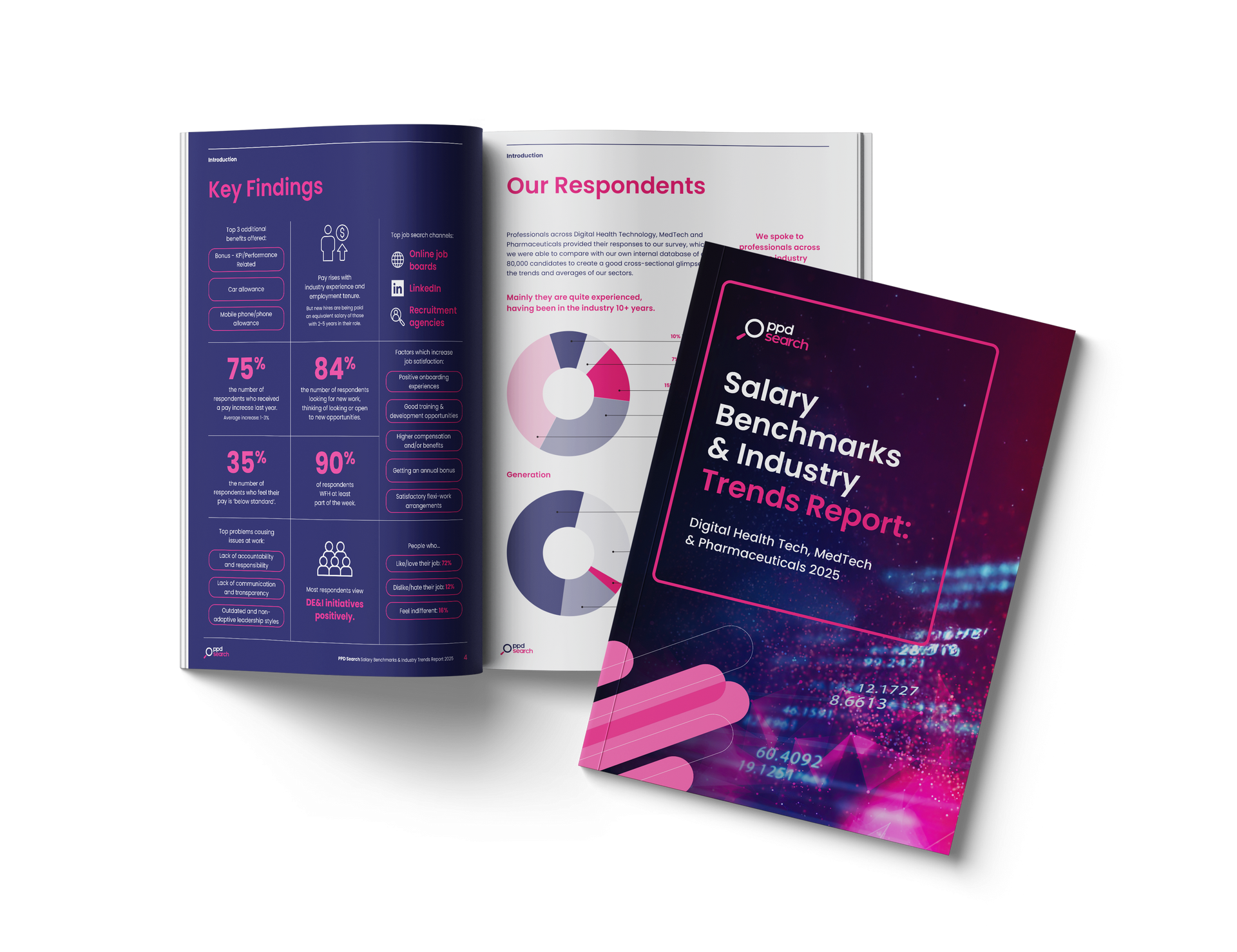 Salary report with infographics on key findings and respondent demographics.