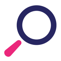 Magnifying glass icon, blue lens, pink handle.