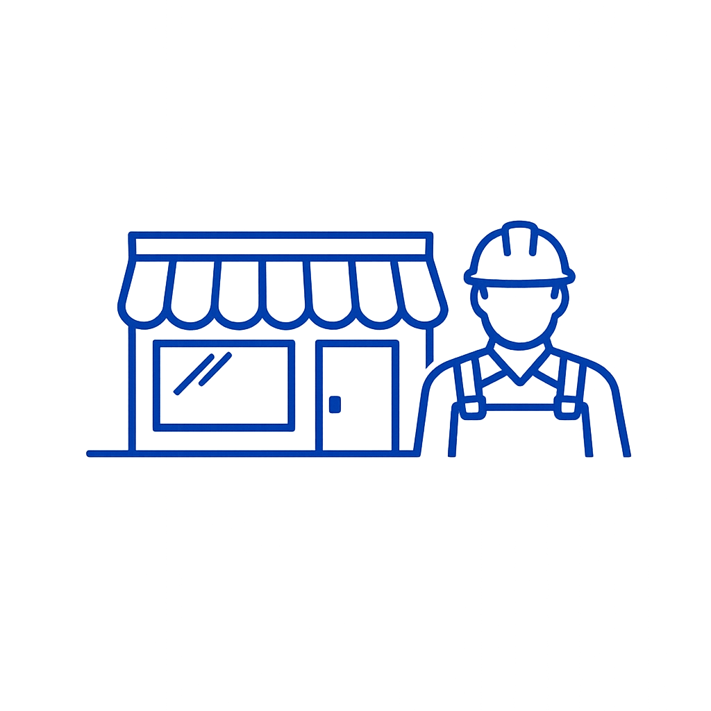 Line illustration of a small shop front and a tradesperson in a hard hat, representing commercial and business insurance