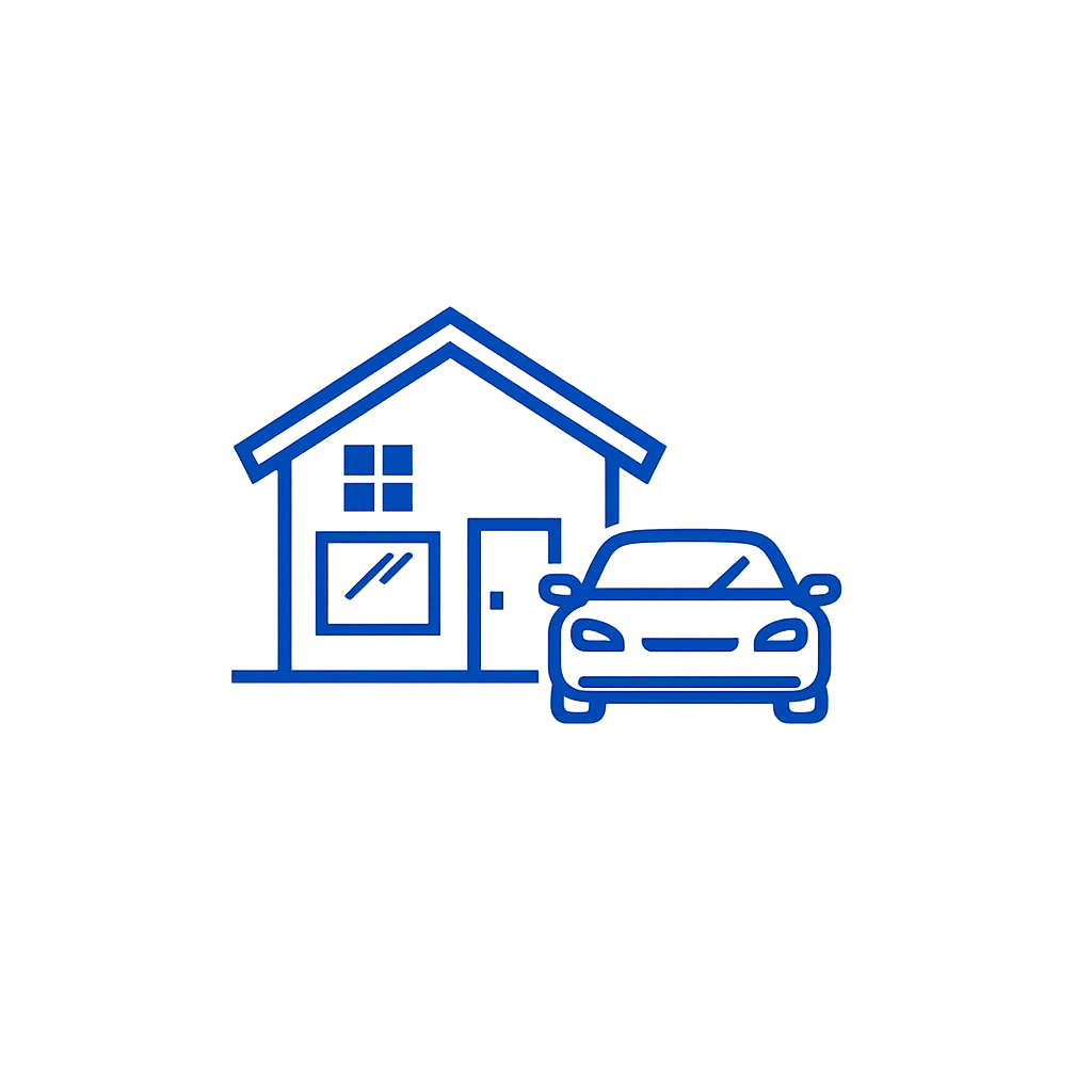 Line illustration of a house and a car side by side, representing home and car insurance