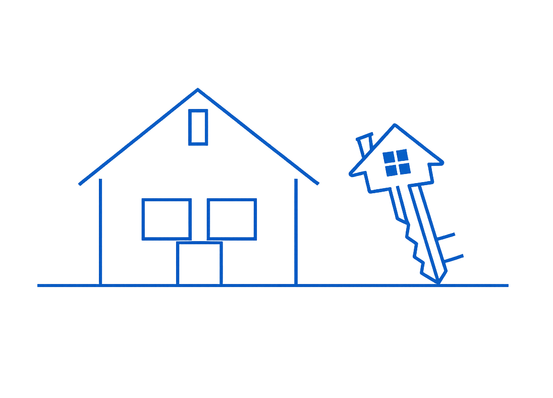 Line illustration of a house next to a house-shaped key, representing mortgages and home ownership