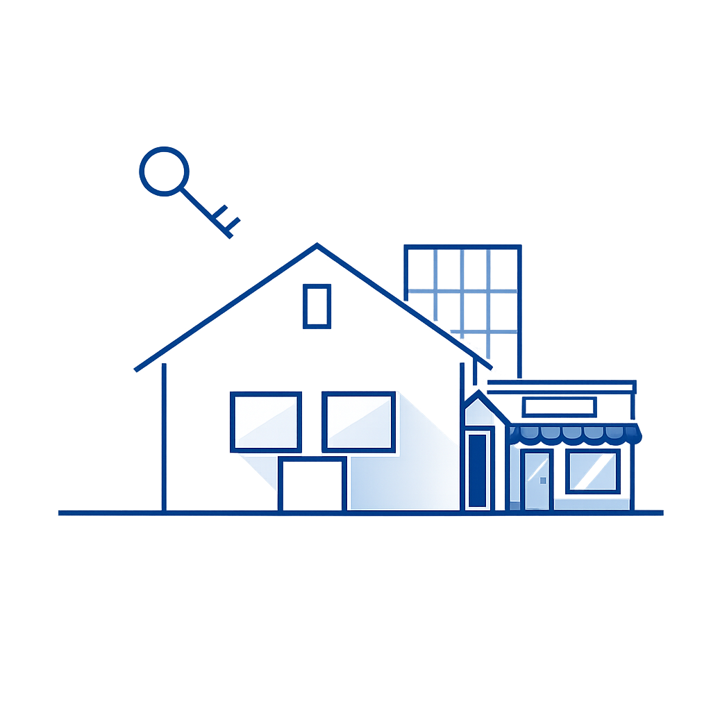 Line illustration of a house and small shop front with a key, representing residential, landlord and commercial property insurance