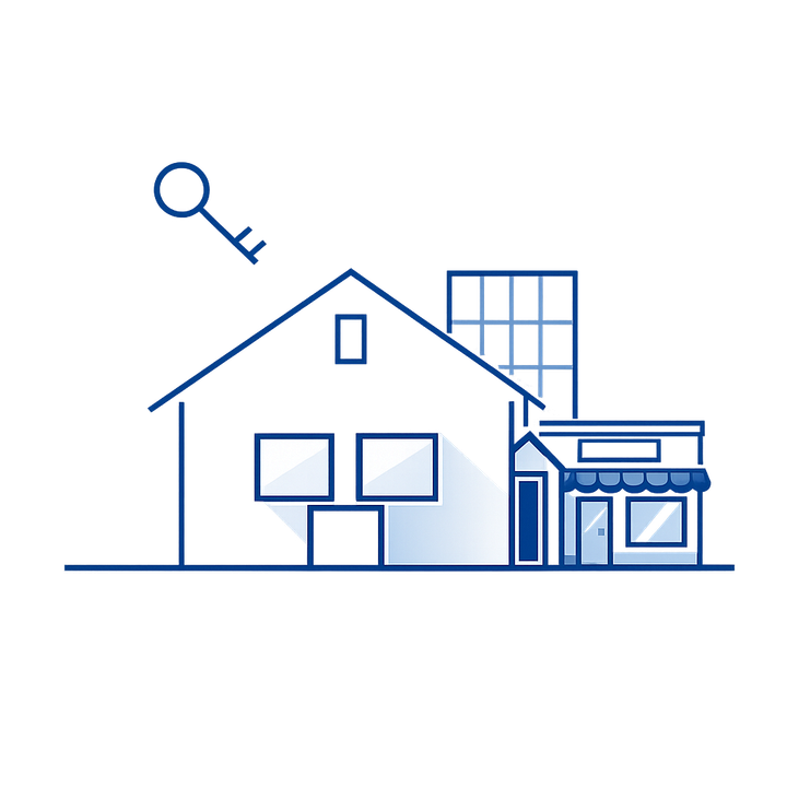 Line illustration of a house with a key and a small shop front, representing home, mortgage and commercial insurance