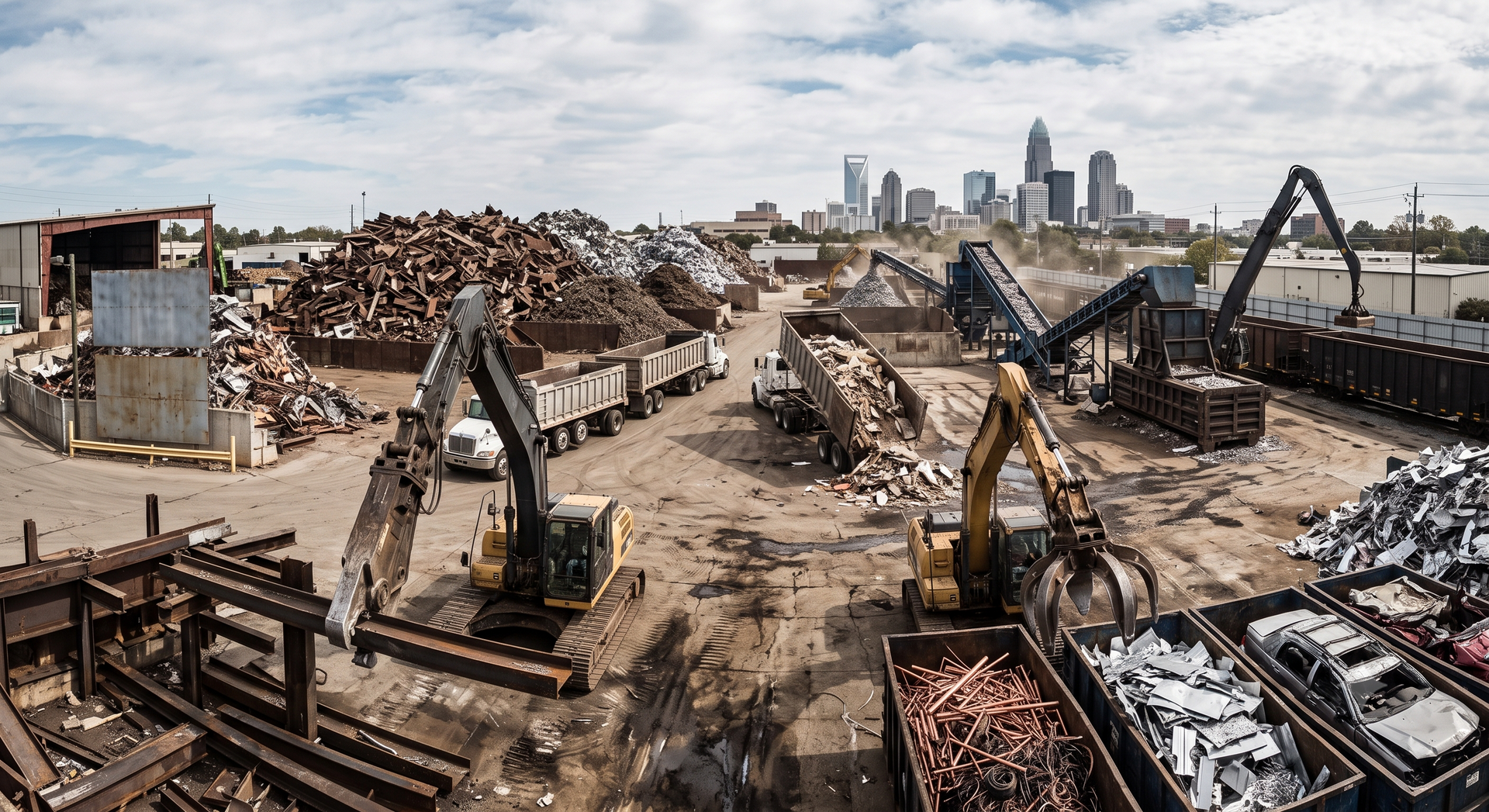 Industrial scrapyard with excavators sorting piles of scrap metal, city skyline in background