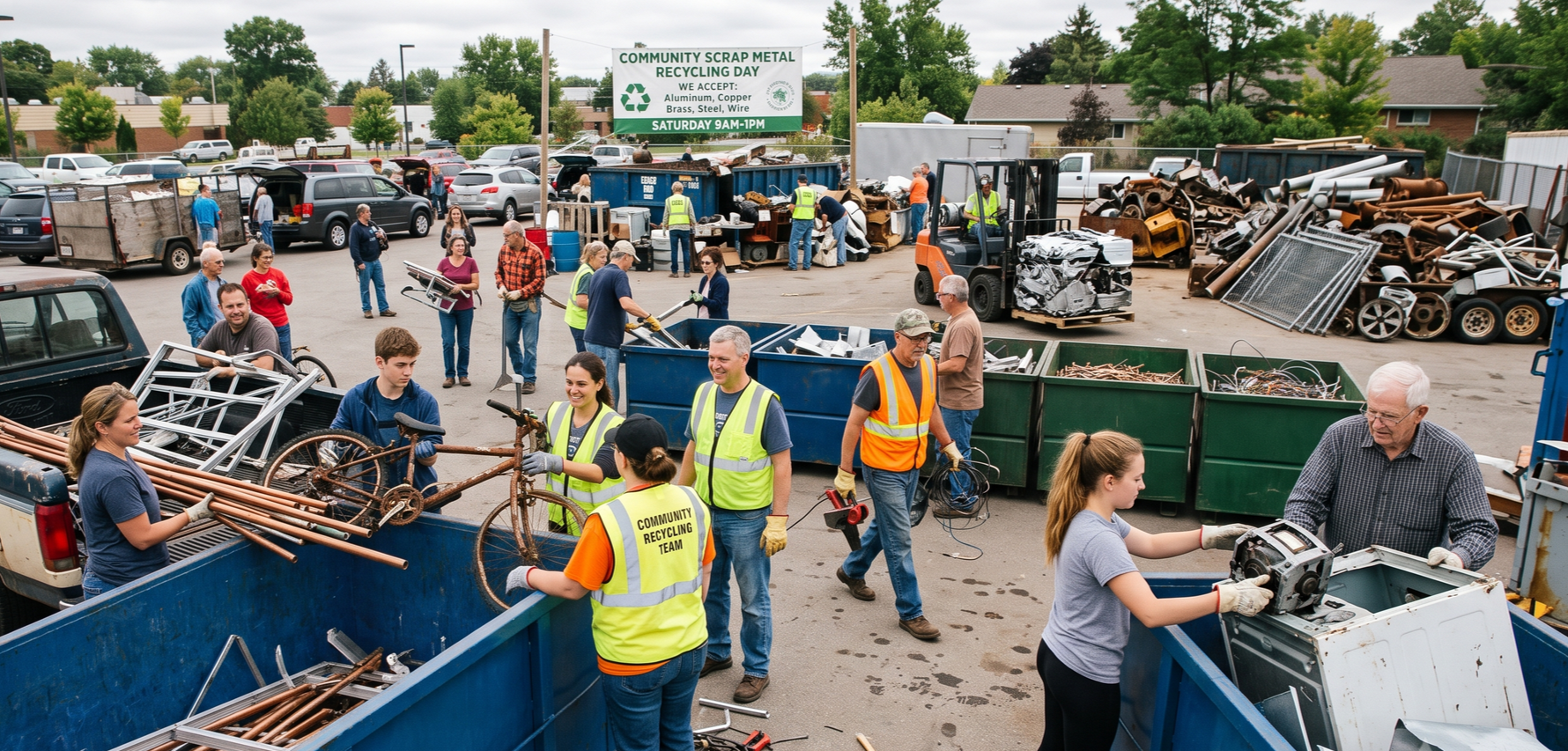 People sorting scrap metal at a recycling yard with bins, trucks, and workers in safety vests